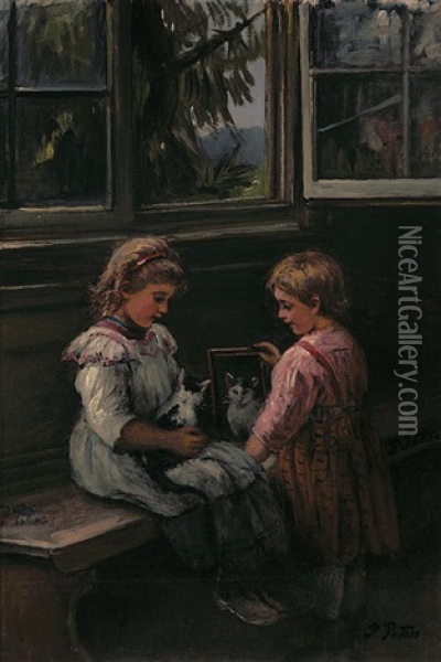 Zwei Kleine Madchen Zeigen Einem Katzchen Sein Spiegelbild Oil Painting - Pietronella Peters