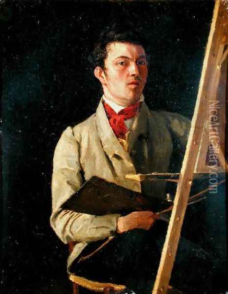 Self Portrait, Sitting next to an Easel, 1825 Oil Painting - Jean-Baptiste-Camille Corot