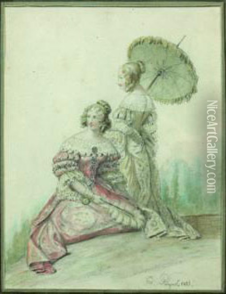 Deux Jeunes Femmes En Costume Du Xviie Siecle Oil Painting - Edouard Pingret