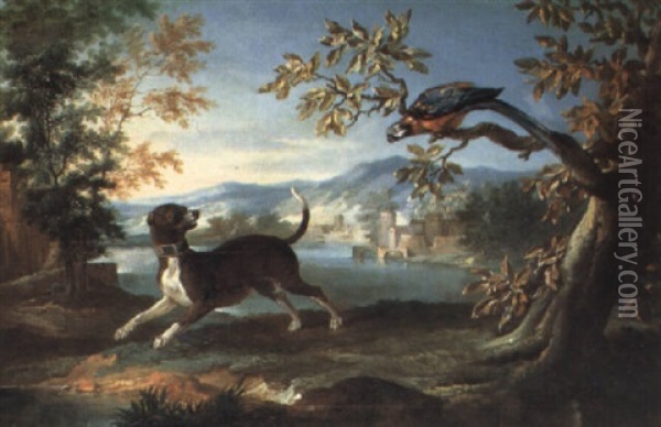 Chien Et Perroquet Dans Un Paysage De Riviere Oil Painting - Jean-Baptiste Oudry