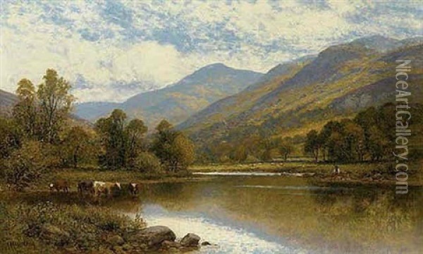Cattle Watering, North Wales Oil Painting - Alfred Augustus Glendening Sr.