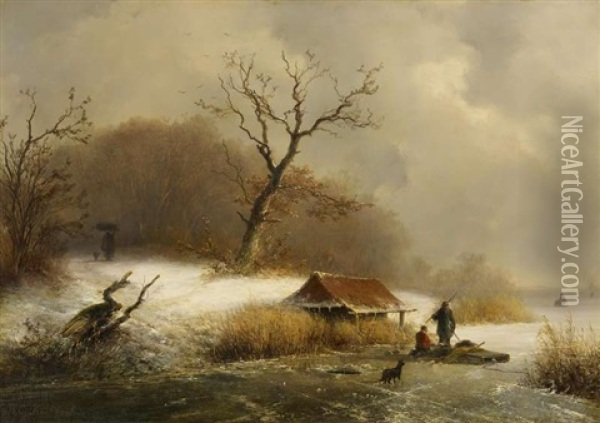 Winterlandschaft Mit Eisfischern Oil Painting - Andreas Schelfhout