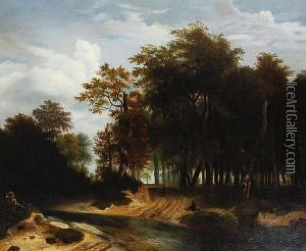 Travellers On A Country Path In A Wooded Landscape Oil Painting - Meindert Hobbema