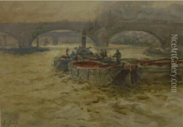 Barges On The Thames Oil Painting - Augustus Morton Hely-Smith