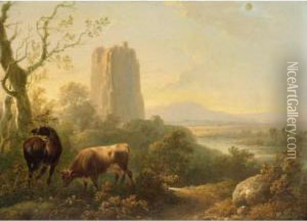 Cattle And Horse Grazing In A Valley Landscape Oil Painting - Charles Towne