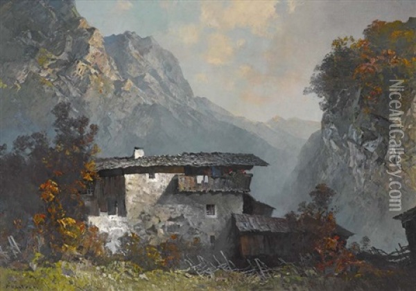 Einodhof In Gebirgslandschaft Oil Painting - Oskar Mulley