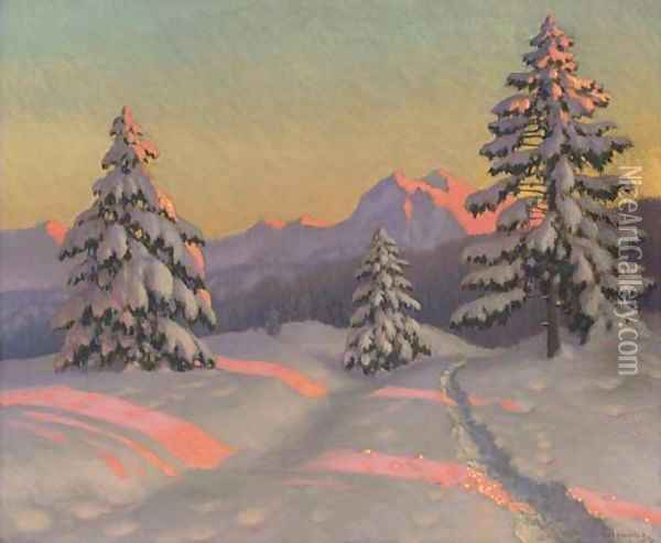 A sunlit track in the snow Oil Painting - Mikhail Markianovich Germanshev