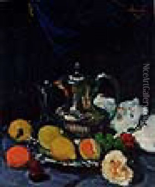 Still Life With Lemons, Grapes, Rose And Pewter Coffee Pot Oil Painting - George Leslie Hunter