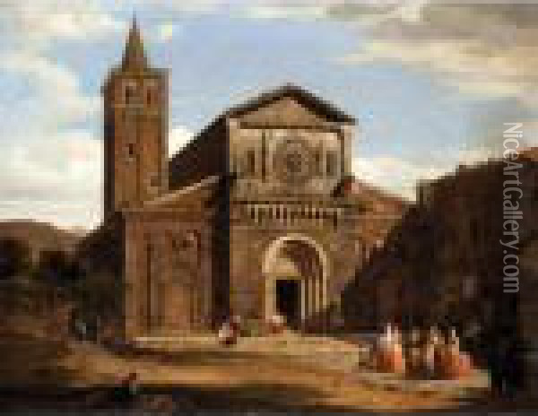 An Italian Church With Figures In The Foreground Oil Painting - David Roberts