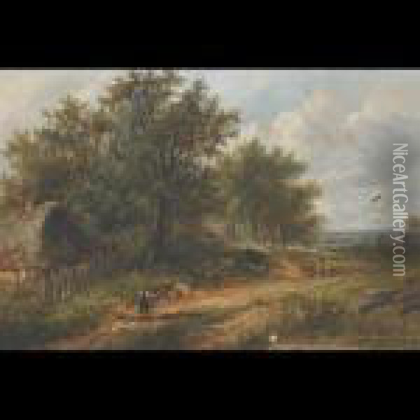 Wayfarer, Shepherd And Flock On A Country Lane Oil Painting - Joseph Thors