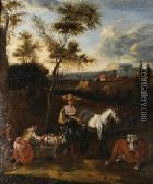 Landscape With Figures And Cattle Oil Painting - Nicolaes Berchem