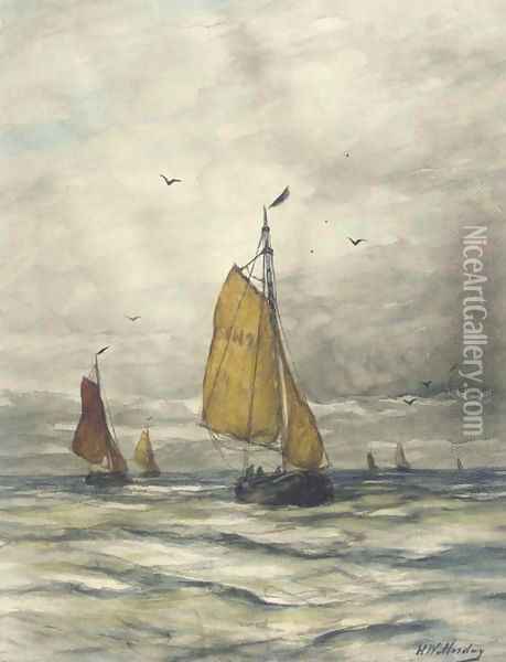 Bomschuiten on open sea Oil Painting - Hendrik Willem Mesdag