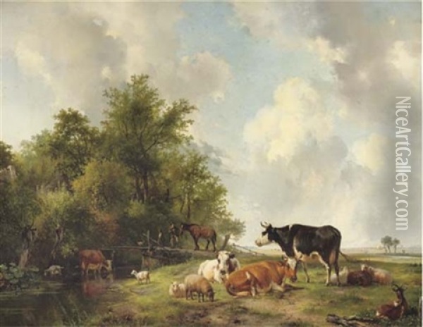 Cattle On The Edge Of A Forest In An Extensive Sunlit Landscape Oil Painting - Hendrik van de Sande Bakhuyzen