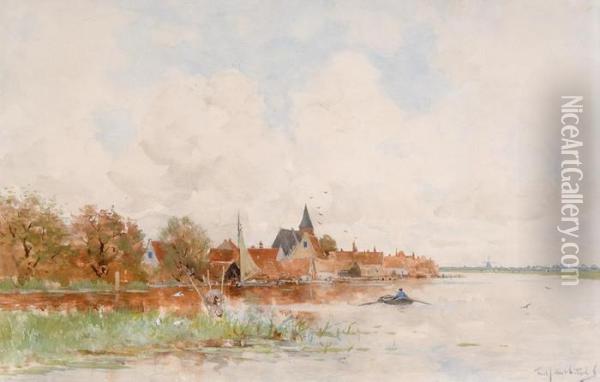 A Village By The Water Oil Painting - Fredericus Jacobus Van Rossum Du Chattel