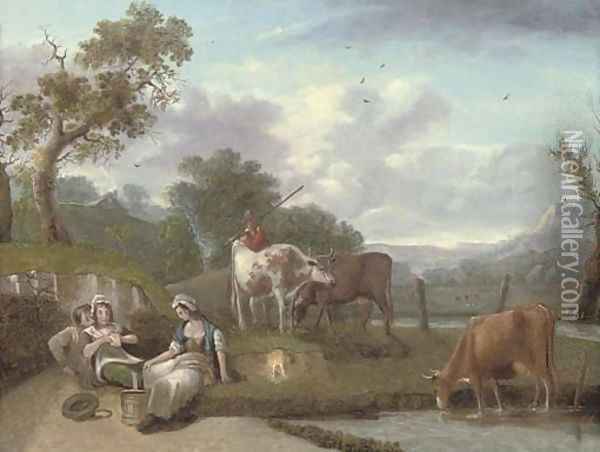 A wooded river landscape with cattle and figures in the foreground, cottages beyond Oil Painting - Philip Jacques de Loutherbourg