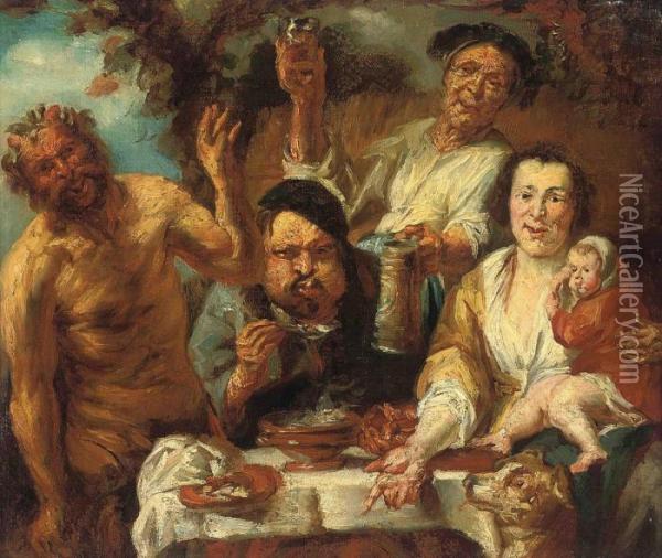 A Satyr And Three Peasants Feasting Oil Painting - Jacob Jordaens