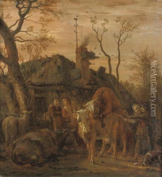 A Tethered Bull Covering A Cow In A Farmyard Oil Painting - Paulus Potter