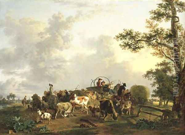 A pastoral landscape with peasants and livestock with wagons and a haywain during the harvest, a town beyond Oil Painting - Jean-Louis Demarne