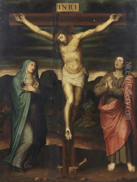 Christ En Croix Entoure De La Vierge Et Saint Jean Oil Painting - Joan De Joanes