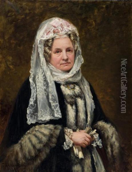 Portrait Of A Woman Wearing A Fur Trim Coat And White Lace Headpiece Oil Painting - Robert Crawford