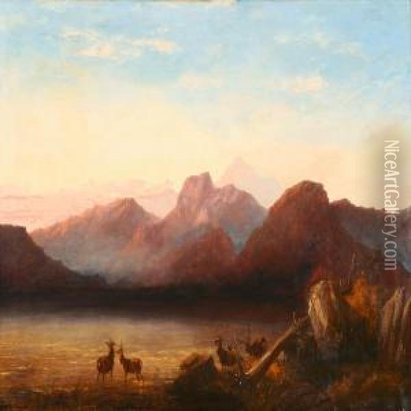 Mountainous Landscape With Deer At The Waters Edge Oil Painting - Robert Henry Roe