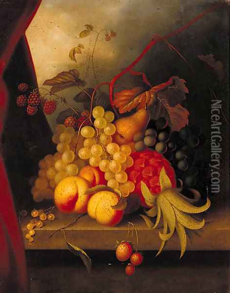 A pineapple, raspberries, grapes, peaches and other fruit on a ledge Oil Painting - English School
