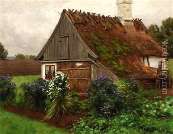 Summer Day At A Thatched Cottage Oil Painting - Hans Andersen Brendekilde
