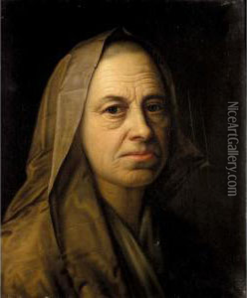 A Portrait Of An Elderly Lady, Head And Shoulders, Wearing A Headscarf Oil Painting - Balthasar Denner