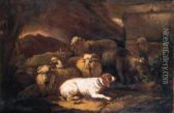 Sheep, A Goat, Rams And A Spaniel Resting By A Stone Wall In Anitalianate Landscape Oil Painting - Philipp Peter Roos
