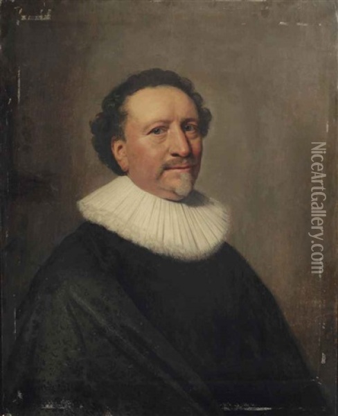Portrait Of A Gentleman, Bust-length, In A Black Costume With A White Lace Collar Oil Painting - Michiel Janszoon van Mierevelt