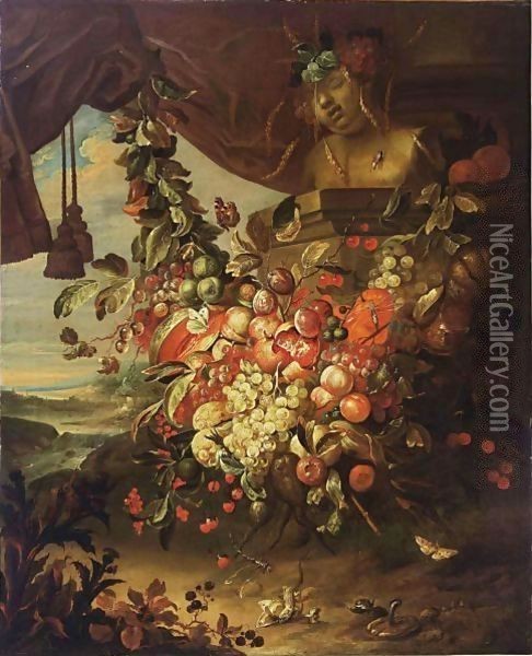 Still life with fruits, a bust of the infant Bacchus, a draped curtain and a river landscape beyond Oil Painting - Flemish Unknown Masters