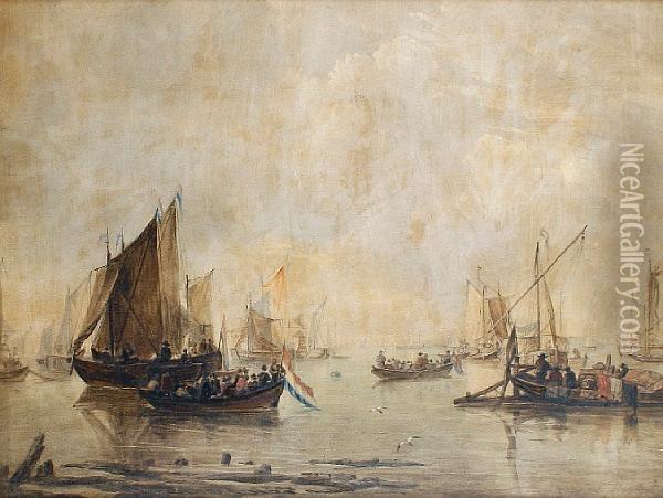 A Dutch Harbour Scene Oil Painting - Louis Haghe