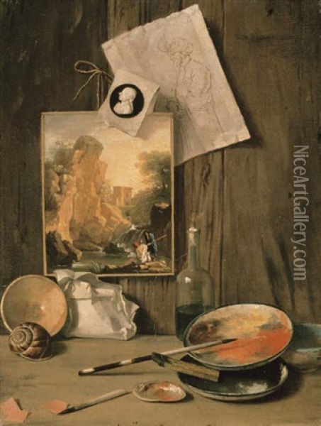 A Trompe L'oeil Still Life Of The Artist's Studio Oil Painting - Antonio Cioci