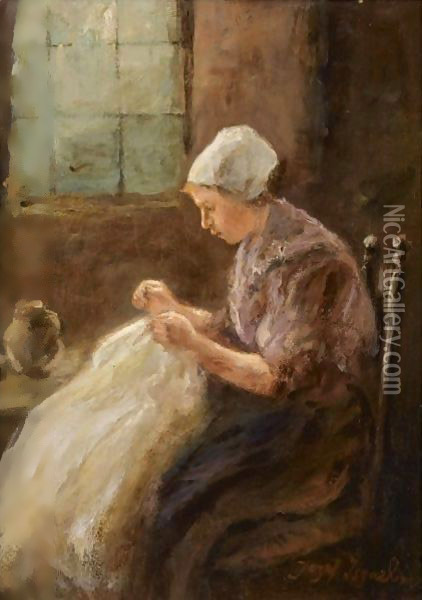 A Woman Doing Needlework Oil Painting - Jozef Israels