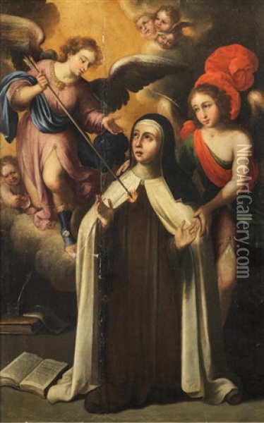 Saint Teresa Of Avila With Two Angels Oil Painting - Juan Del Castillo