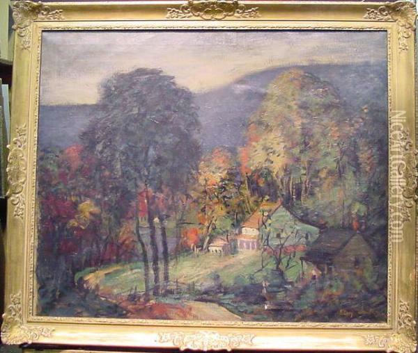 Houses Tucked Away In A Valley, In Autumn Oil Painting - Arthur C. Goodwin