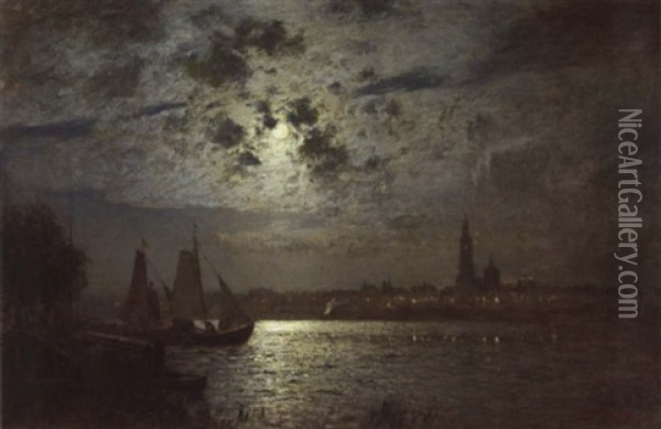 Hafenstadt An Der Ostsee Im Mondschein Oil Painting - Louis Douzette