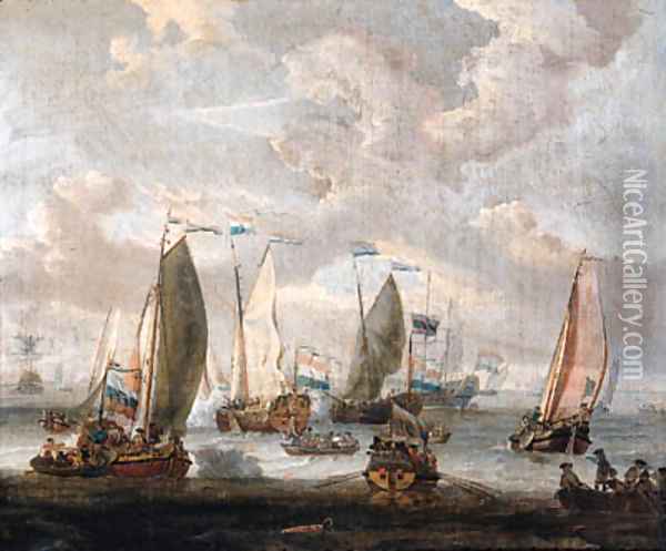 State yachts, rowing boats and other shipping, welcoming the arrival of merchantmen from the West Indian Company on the Y, Amsterdam Oil Painting - Abraham Storck