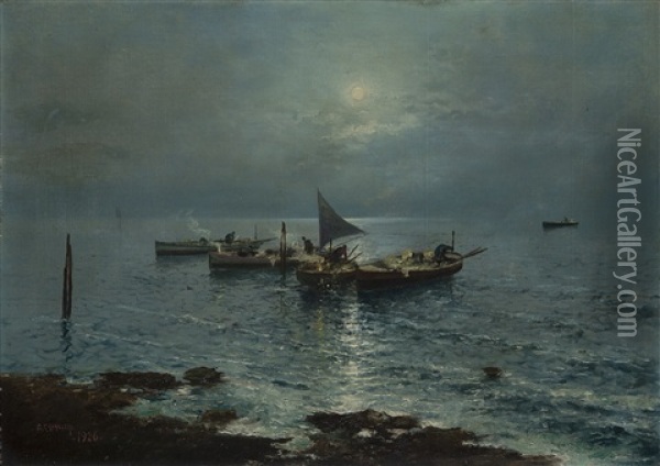 Pesca Notturna Oil Painting - Giovanni Cavalleri