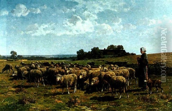 La Gardienne De Moutons Oil Painting - Cornelis van Leemputten