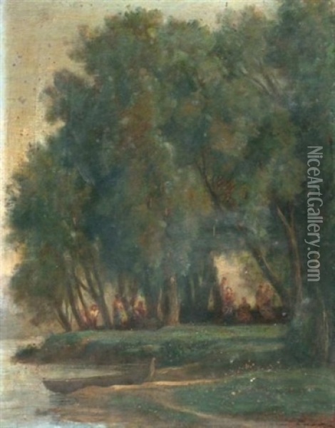 Scene Champetre Dans Un Sous-bois Au Bord D'une Riviere Oil Painting - Nicolas Louis Cabat