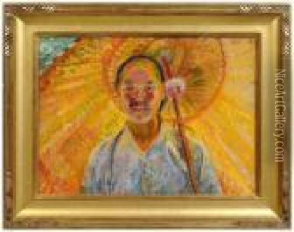 Asian Boy With Umbrella Oil Painting - Theodore Wores