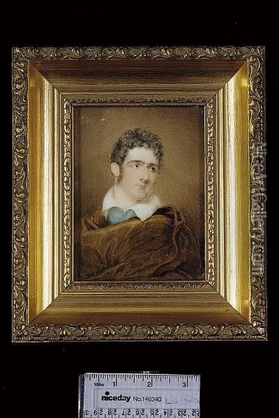A Gentleman, Probably A Poet, Wearing Byronic Costume Of Brown Cloak Over A Pale Green Tunic And White Shirt Oil Painting - James Holmes