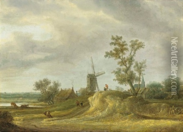 A River Landscape With Figures On A Path By A Village Oil Painting - Anthony Jansz van der Croos