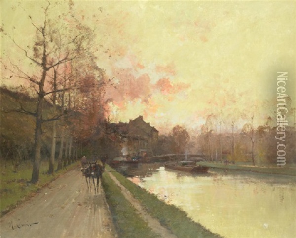 Canal Au Soleil Couchant Oil Painting - Eugene Galien-Laloue