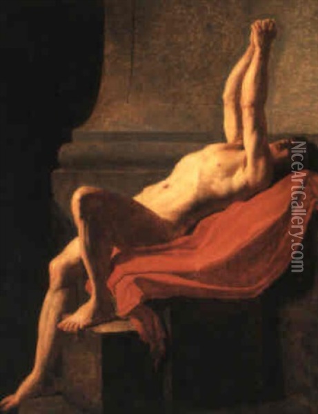 Nude Lying On A Red Cloak, His Arms Raised In An Attitude Of Supplication Oil Painting - Jean Louis David
