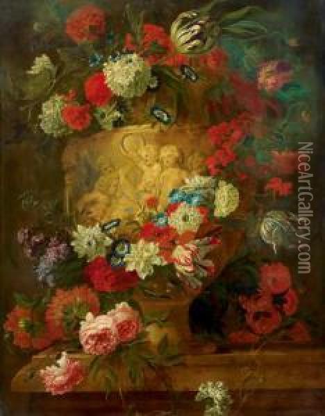 Composizione Floreale In Un Vaso Di Pietra Scolpita Oil Painting - Caspar Pieter I Verbrugghen