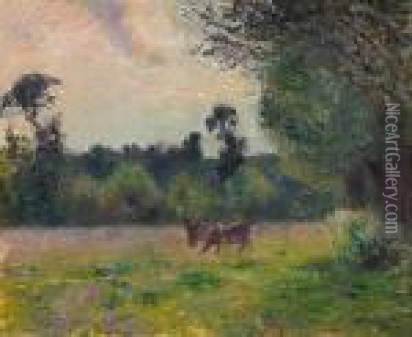 Vaches Dans Un Pre, Soleil Couchant Oil Painting - Camille Pissarro