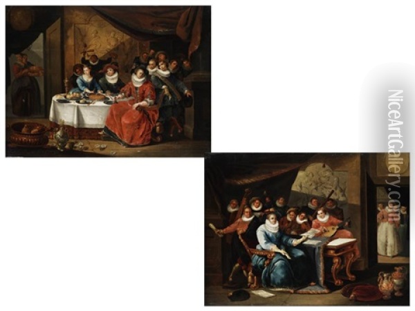 Muzierende Gesellschaft (+ Gesellschaft Am Speisetisch; Pair) Oil Painting - Pieter Cornelius Verbeeck