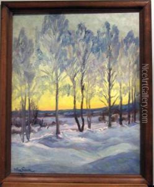Soluppgang Over Vinterlandskap. Oil Painting - William Gislander